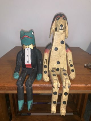 Vintage Folk Art Dog & Frog Sculpture Carved Wood Painted Shelf Sitter Jointed
