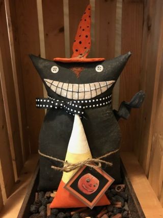 Primitive Halloween Black Cat Shelf Sitter Grin Orange Hat Candy Corn