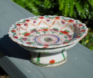 19thc Chinese Coral Enamel Nonya Straits Peranakan Footed Stem Bowls Dishes