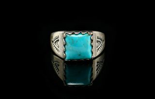 Navajo Sterling Silver Turquoise Ring Hallmarked Serrated Bezel Stampings Sz 9