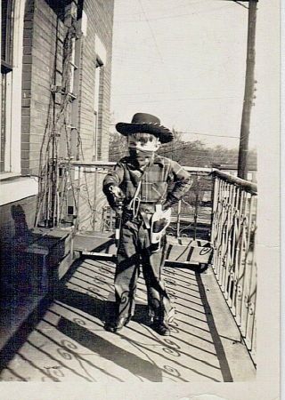 Old Photo Little Boy Standing On Balcony Dressed As A Cowboy W/pistol,  Holster