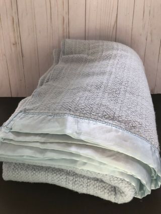 Vintage Acrylic Blanket 102 " X 88 " Blue Waffle Weave Ribbon Trim 2 Sides Usa