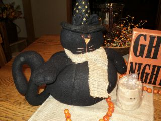 Primitive Halloween Black Cat Shelf Sitter Doll Witches Hat Fall Spooky Cute