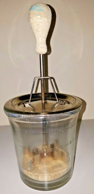 Antique A&j 4 Cup Food Nut Glass Measuring Chopper Metal Top Wood Block & Knob
